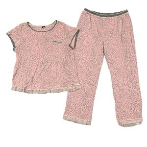 Kensie Womens 2X Pajama Set Pink Floral Lace Ruffle Top Pants Loungewear Plus